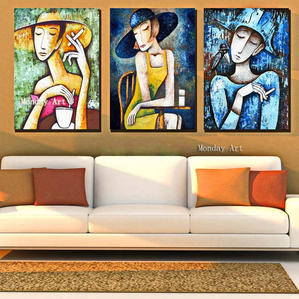 

High quality hand painted cartoon oil painting girl portrait smoking picture wall art on canvas for living room home decoration