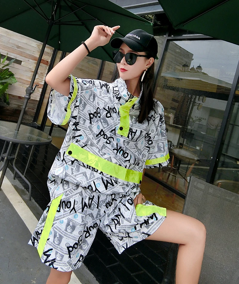 Для девочек Street Wear долларов США печати короткий рукав костюм Harajuku