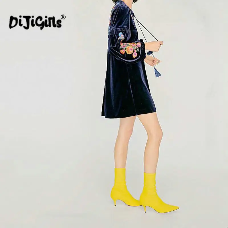 Женские ботинки-носки из эластичной ткани Черные ботильоны с острым носком