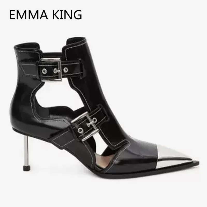 

New Metal Heel Women Summer Ankle Boots Silver Pointed Toe Lace Up Sexy High Heel Shoe Rivets Stud Woman Hollow Gladiator Sandal