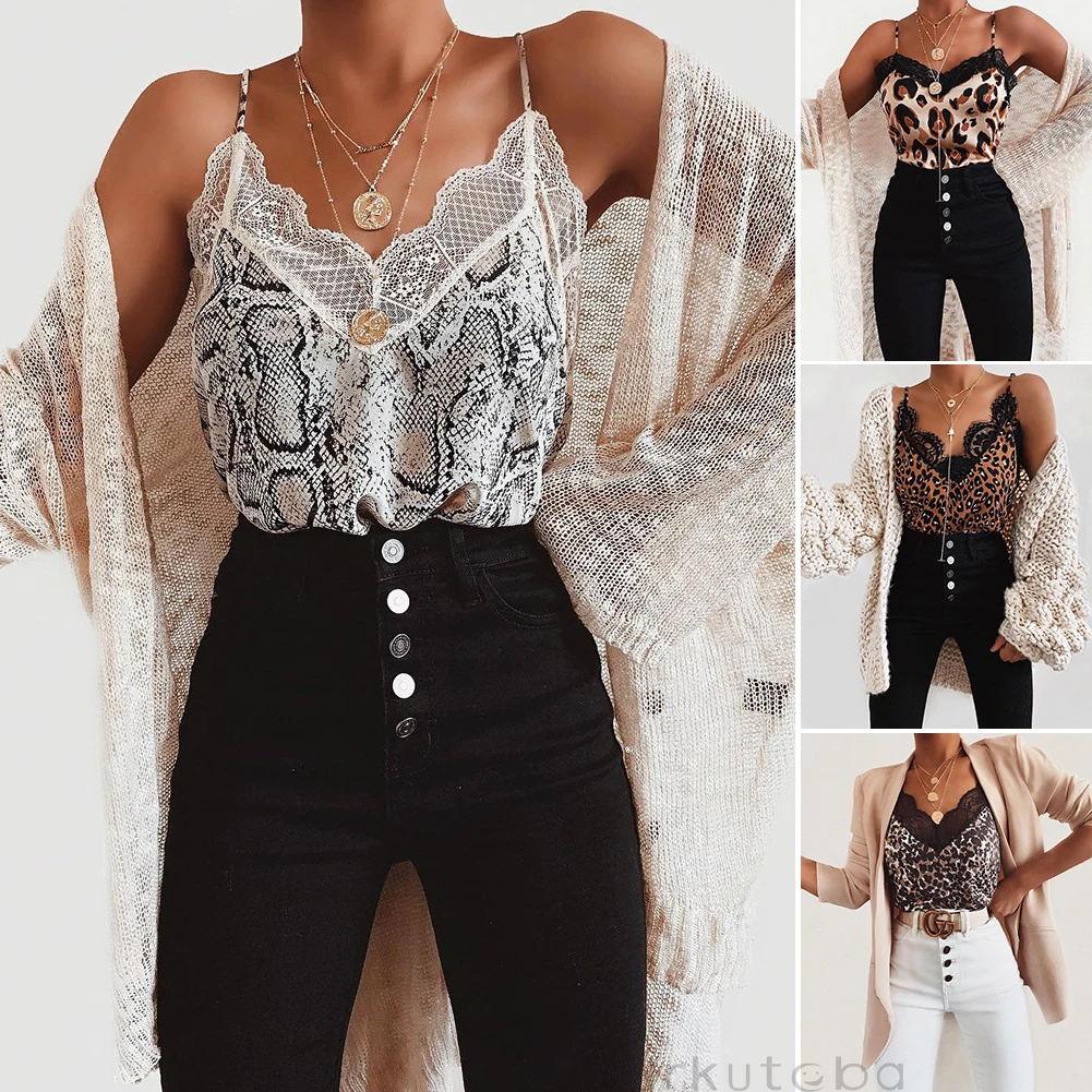 Women Ladies Summer Casual Silk Satin Chiffon Sleeveless Lace Mesh Loose Vest V-Neck Cami Soft Tank Top Black White