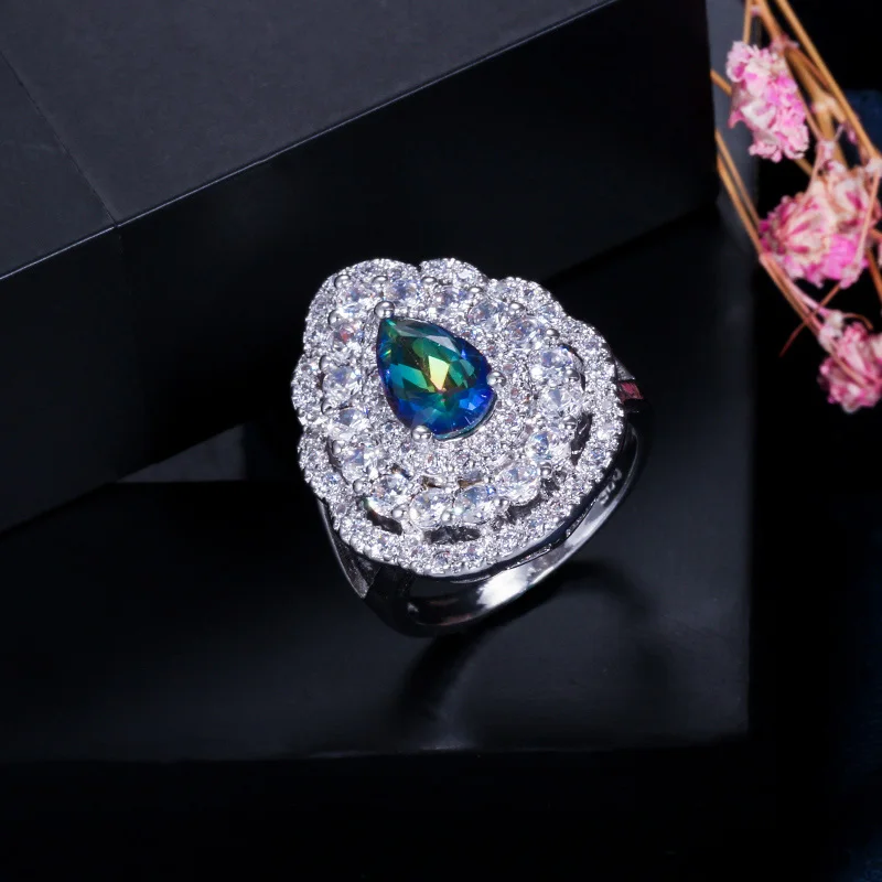 Пера CZ кольца новый модный бренд вечерние Серебристые Цвет светильник синий