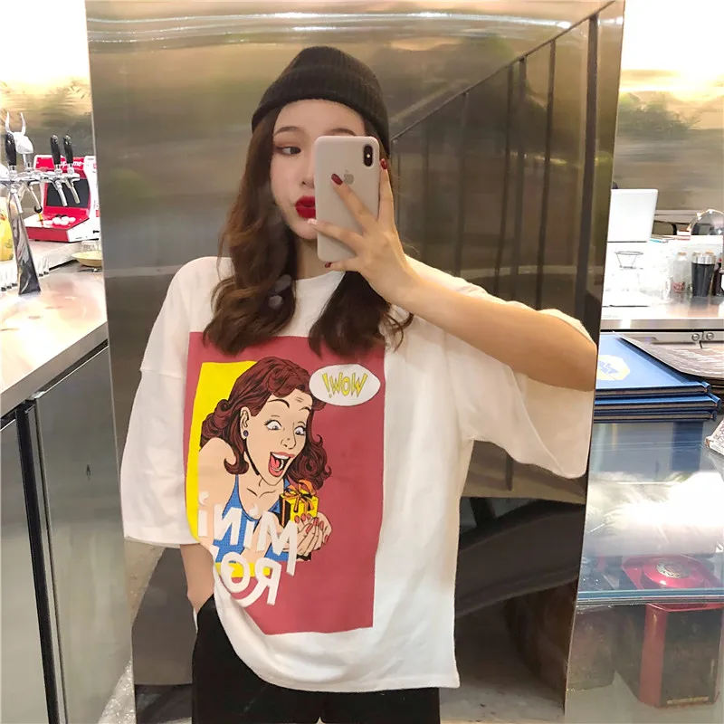 Ulzzang уличный стиль мультфильм футболка с изображением негабаритных Свободные