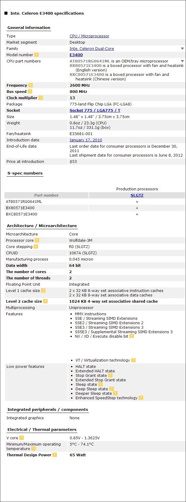 Для Intel Celeron Dual-Core E3400 cpu Processor(2,6 ГГц/1 м/800 ГГц) Socket 775
