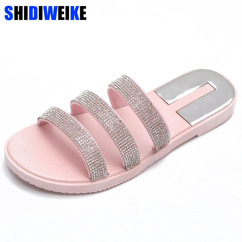 Шлепанцы со стразами 2018 г. летняя Милая Направляющие Повседневное пляжная обувь
