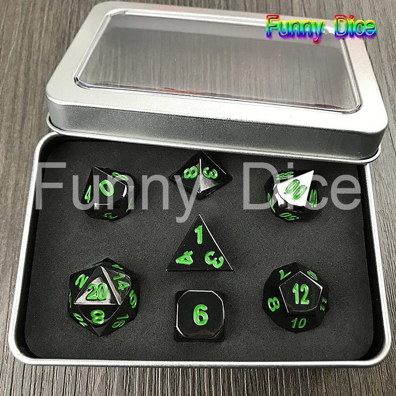 Горячие игральные кости DND, набор D4 D6 D8 D10 D% D12 D20 набор Металлических Кубиков с красными, зелеными цифровыми плюс металлическими коробками, для забавной игры семьи/друзей