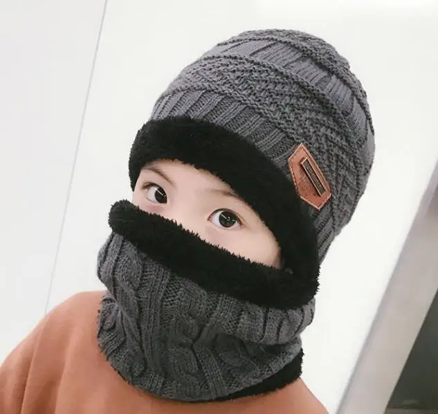 children(48-54cm) Детская зимняя теплая вязаная шапка, детская шапка Skullies Beanies, круглый шарф с толстой флисовой подкладкой для мальчиков и девочек, для женщин и мужчин - Цвет: children(48-54cm)