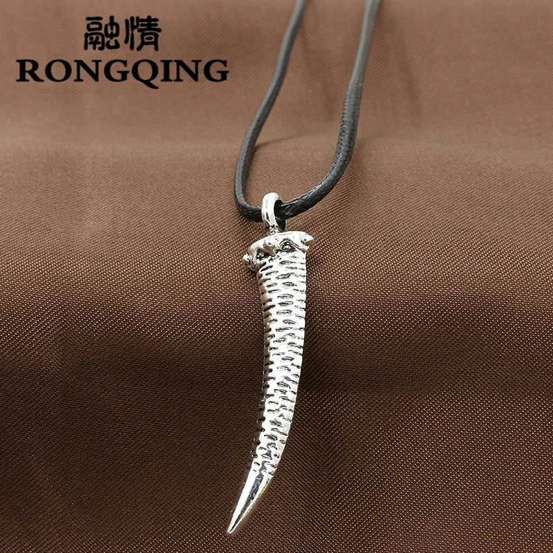 

RONGQING 12pcs/lot 2018 Tooth Pendant Wax Rope Necklace Cool Fang Pendant Necklace for Men and Women