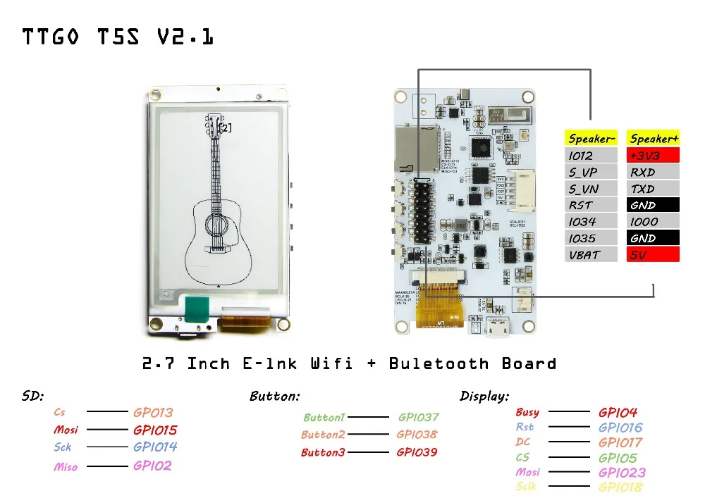 TTGO T5s V2.1 ESP32 2,7 дюймовый экран модуль электронной бумаги для Alexa ides ЦАП MAX98357A микрофон ICS43434 SD карта Buletooth плата