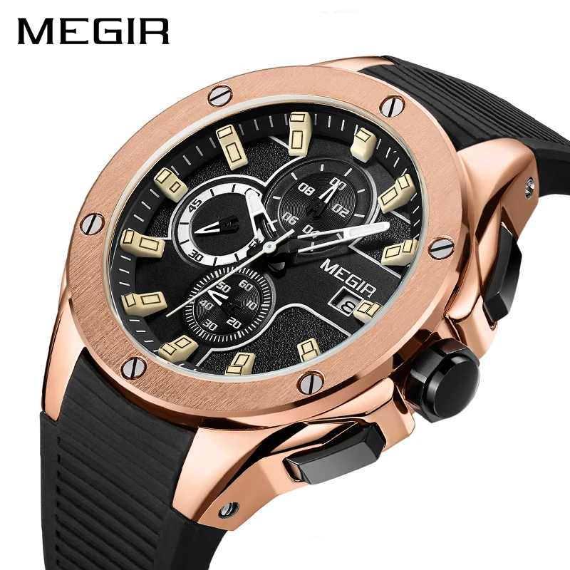 Мужские кварцевые часы MEGIR спортивные армейские из силикона с секундомером 2053|saat