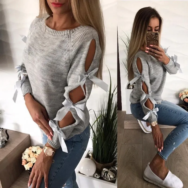 2018 Autumn Top Women Bow Hollow Out Sweater Long Sleeve Knitted Pullover Lace Up Sweaters Pullovers O Neck Casual | Женская одежда