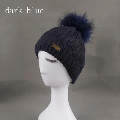 dark blue fur Новинка, модная женская Зимняя шерстяная вязаная шапка, женская шапка с помпоном из натурального меха с подкладкой, уличная спортивная шапка Skullies Beanies для женщин - Цвет: dark blue fur
