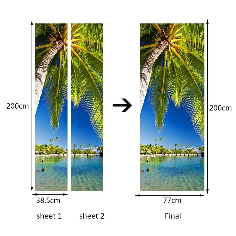 

Coconut Tree Beach Sea 2pcs/set Living Room Gate Door Sticker Waterproof Self-adhesive 3D Stickers