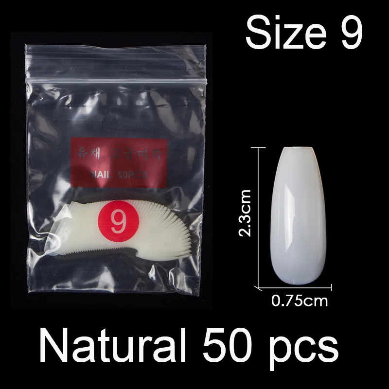 Natural Size 9 50 штук в упаковке определенного размера балерина гроб полное покрытие накладные ногти из акрила накладные ногти маникюр Размер 0 1 2 3 4 5 6 - Цвет: Natural Size 9