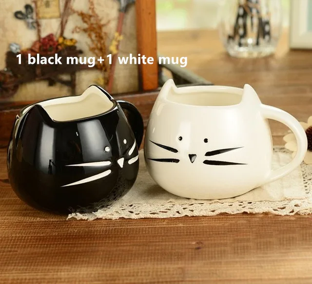 black and white 400 ml Черный и белый цвета Cat керамические кружки комплект милый кот дизайн кружка для кофе kawaii любителей кошек пару кружек - Цвет: black and white
