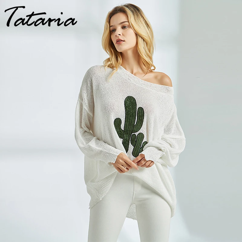 Tataria Sexy Off Shoulder Knitted Sweater Women Long Sleeve Batwing for Elegant Solid Printed Pullover and | Женская одежда