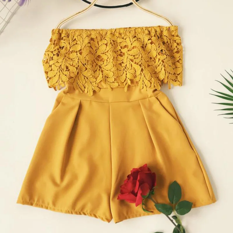 yellow Кружевные сексуальные женские костюмы с открытыми плечами, Лоскутные, с высокой талией, с широкими карманами, женские комбинезоны, модные летние пляжные комбинезоны - Цвет: yellow