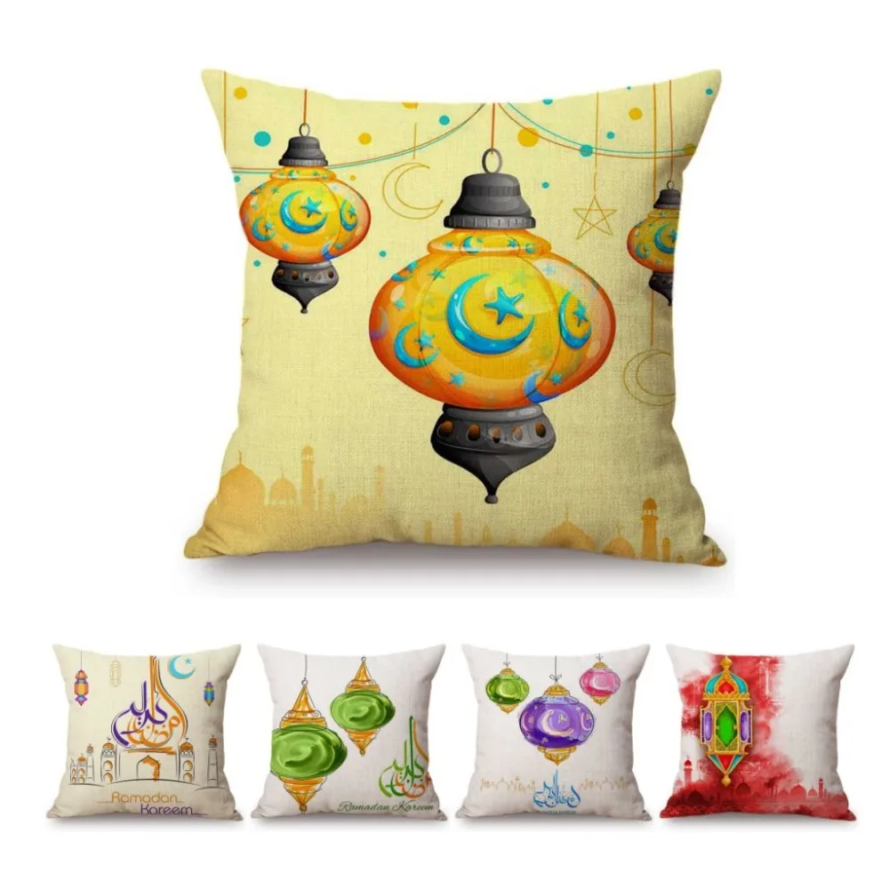 

18" Islamic Ramadan Kareem Decoration Muslim Lantern Pattern Sofa Throw Pillow Case Cotton Linen Hand Painted Art Cushion Cover