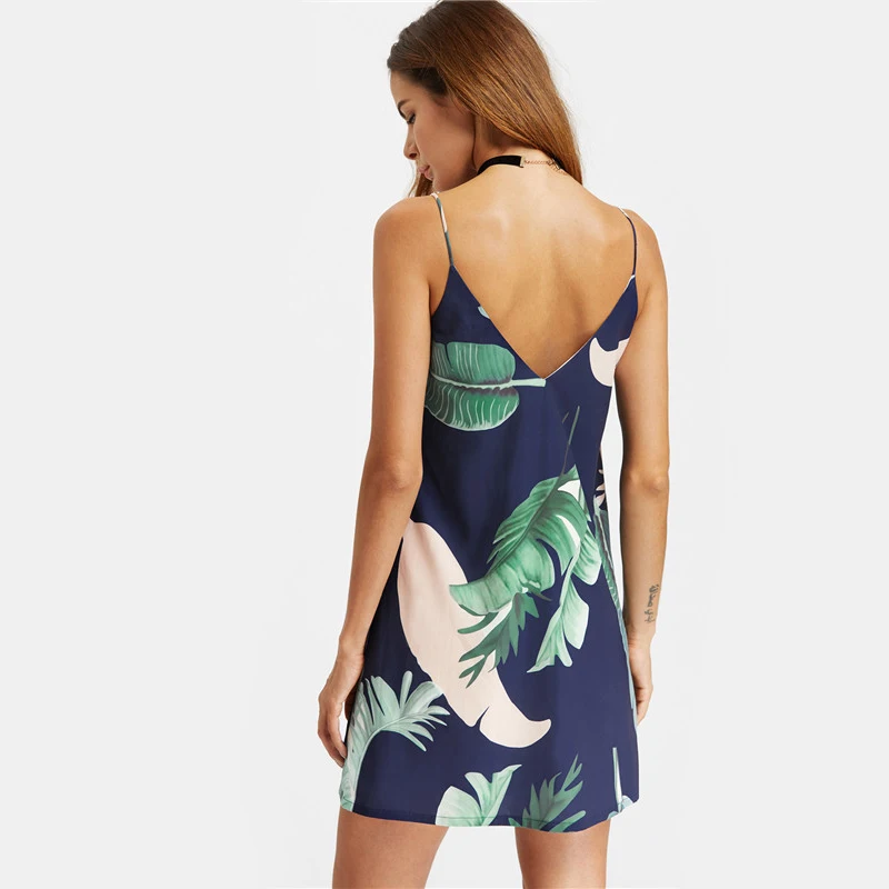 Темно palm Leaf Print двойной V шеи Cami Dress Для женщин пляжное платье на бретельках без