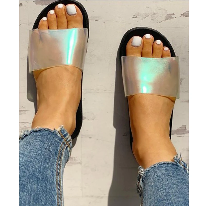 Новинка Лето 2019 женские тапочки с лазерными лентами радужная нескользящая обувь