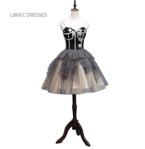 Спагетти ремень черный коктейль платья вышивка по колено Платья для специальных