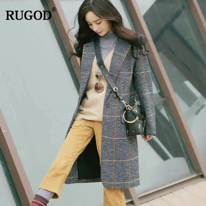 Темно-серый RUGOD осеннее зимнее шерстяное пальто для женщин модное винтажное клетчатое шерстяное пальто с карманами плотная куртка Pakas BefreeCasaco Feminino - Цвет: Темно-серый
