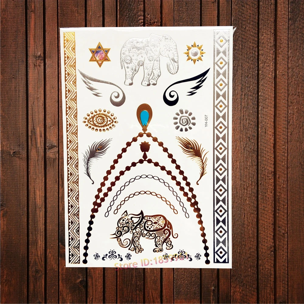 

1PC Henna Tattoo Choker Pattern Flash Metallic Silver Elephant Tattoo Jewelry Sticker Necklace Designs AYH-07 Feather Gold Tatoo