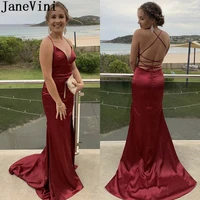 janevini spaghetti straps burgundy mermaid prom dress v neck silk satin ladies evening party dress sexy backless gown galajurken