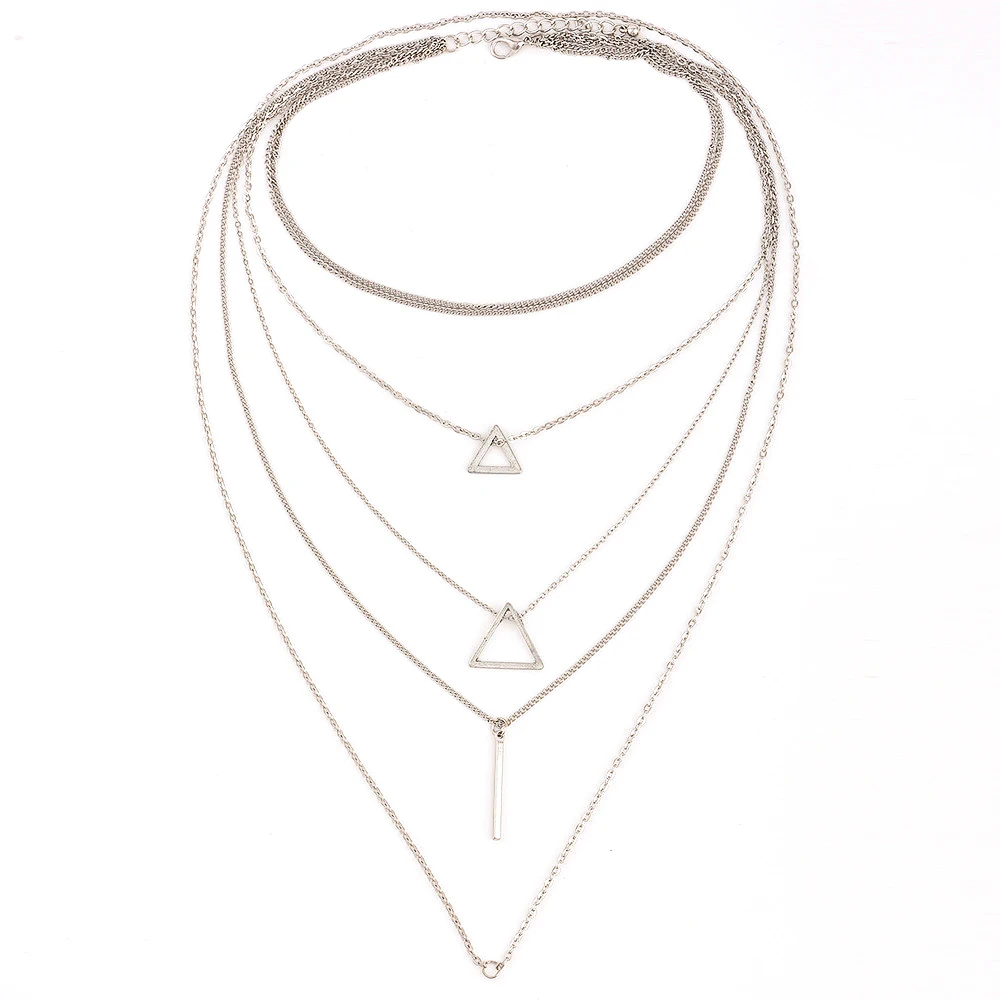5 Pcs/Set Women Necklaces Hollow Triangle Geometry Pendant Multilayer Silver Color Necklace Set Female Charm Gift | Украшения и