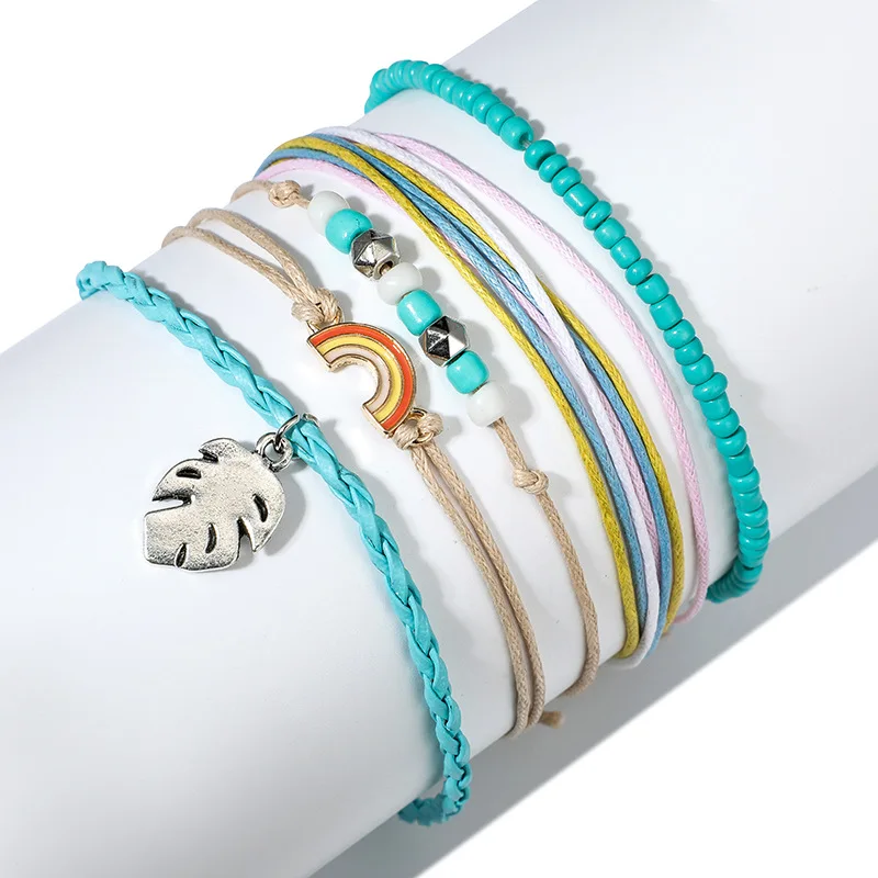 5 шт./компл. Новый богемский этнический пляжный плетеный браслет с радужными
