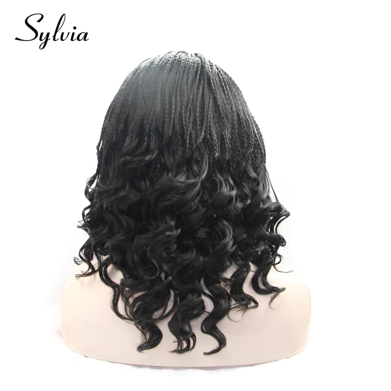 Sylvia 1b# черные микро плетение с вьющимися наконечниками синтетические парики на кружеве натуральные плетеные косички термостойкие парики для волос