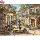 Алмазная живопись с фонтаном, пейзаж, 3d картина, Цветочная улица, алмазная вышивка, стразы, мозаика, домашний декор