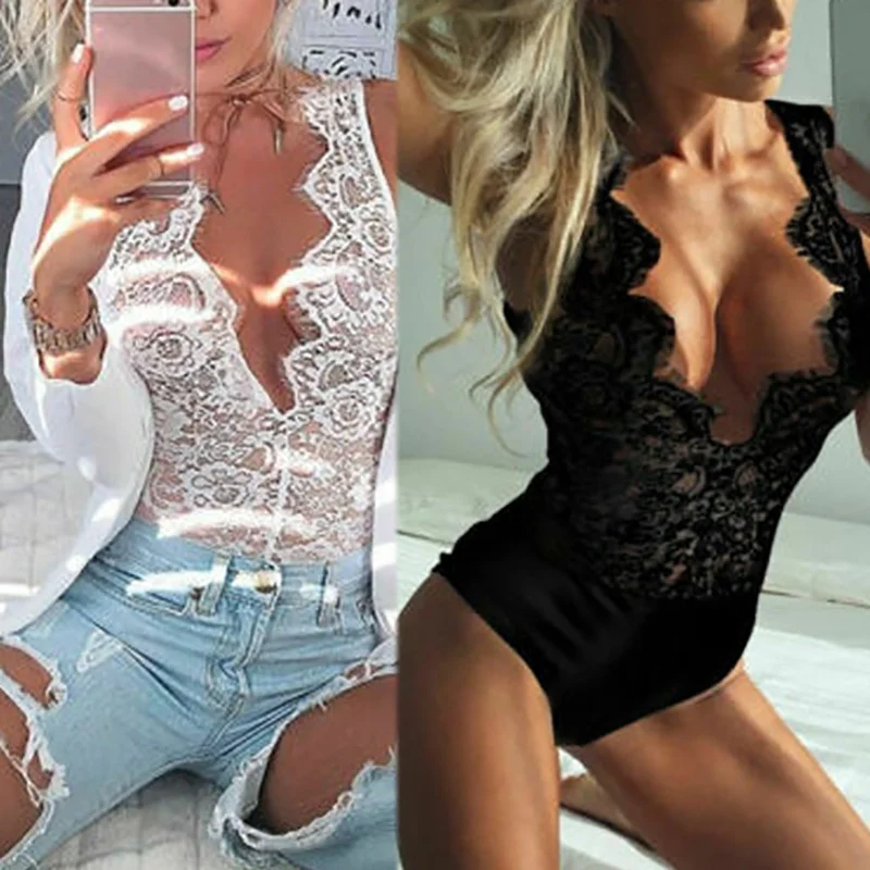 

V Neck Stretch Leopard Jumpsuit Top Women Summer Sexy Sleeveless Skinny Bodysuits Black White Women's Lace Bodysuit