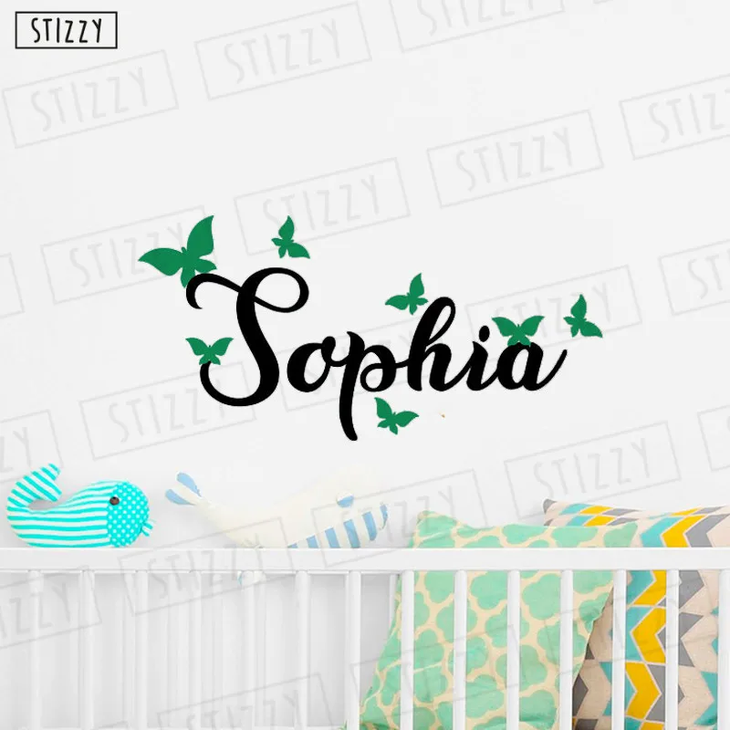 Настенная Наклейка stizzy Kids Butterfly, персонализированные наклейки на стену с именем для маленьких девочек, декор для спальни, индивидуальный дизайн, Настенная роспись для дома DIYC645