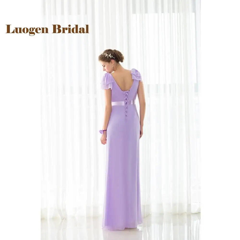 Luogen Bridal 2017 In Stock Bridesmaid Dresses Purple Column Sashes V-Neck Pleat Chiffon Long Wedding Party Gowns Wholesale | Свадьбы и