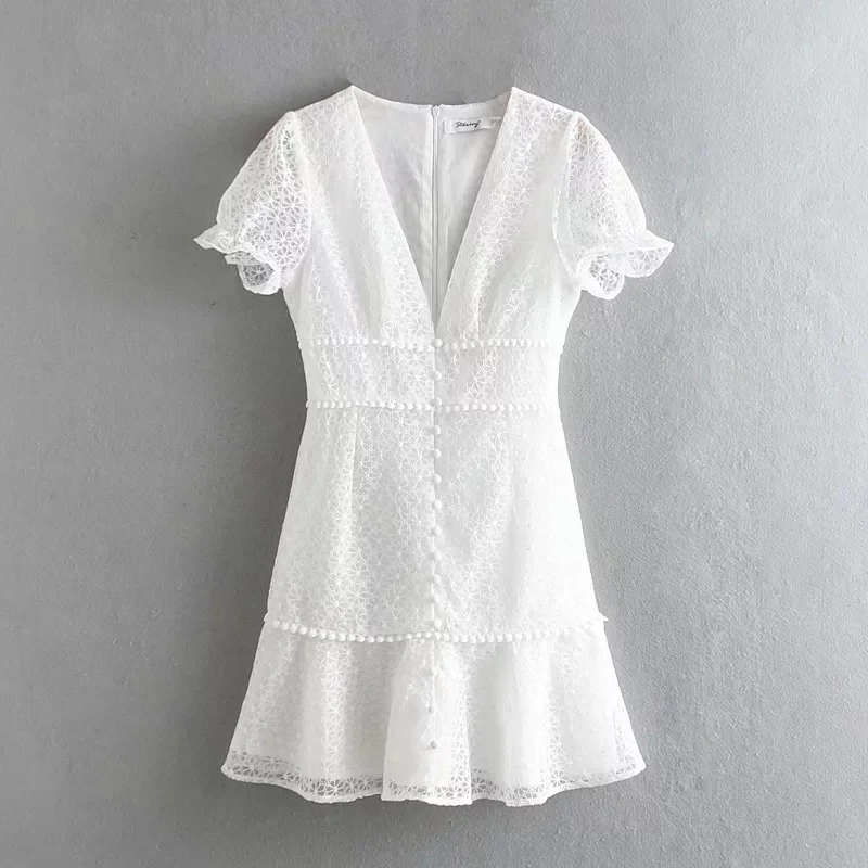 Белый 2109 Boho Элегантное открытое белое платье женское летнее Повседневное платье с v-образным вырезом и коротким рукавом летнее кружевное мини-платье в Корейском стиле vestidos - Цвет: Белый