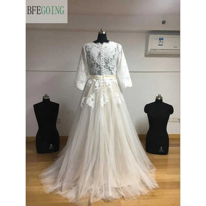 Ivory Lace Tulle Floor-Length V-Neck A-line Wedding dresses 3/4 Sleeves Bridal Gown Custom made | Свадьбы и торжества