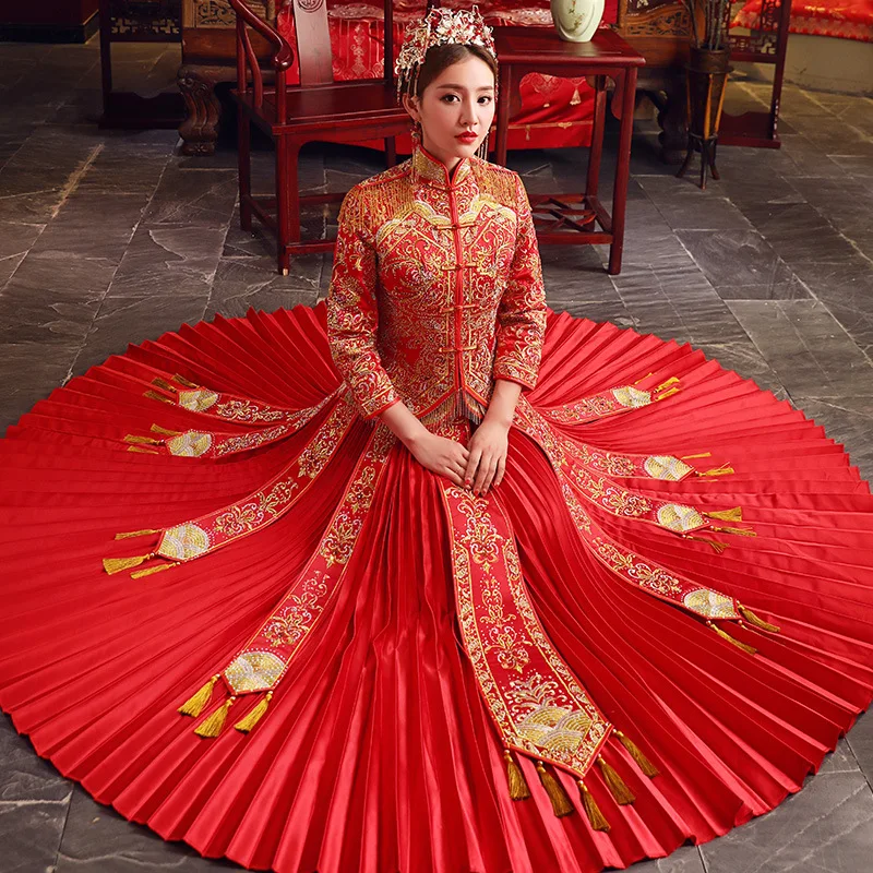 

Высококачественное красное традиционное китайское свадебное платье, длинное платье Ципао ручной работы с вышивкой, платья в стиле ретро, х...