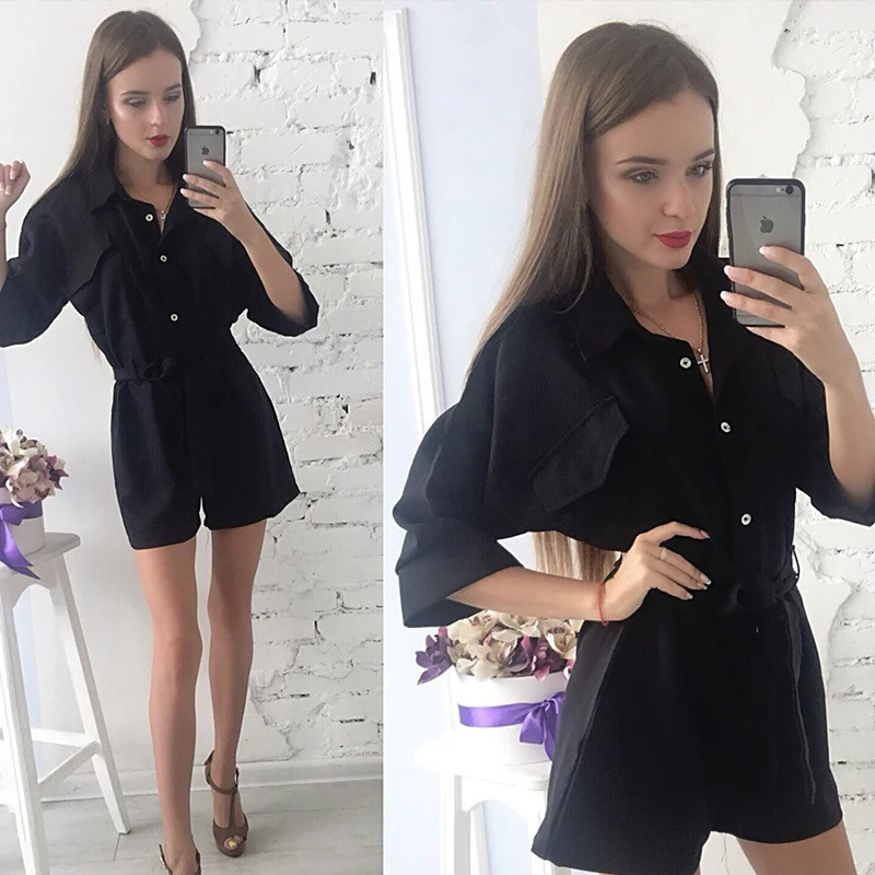 2019 Повседневный женский комбинезон черный элегантный Женский Летний с v образным