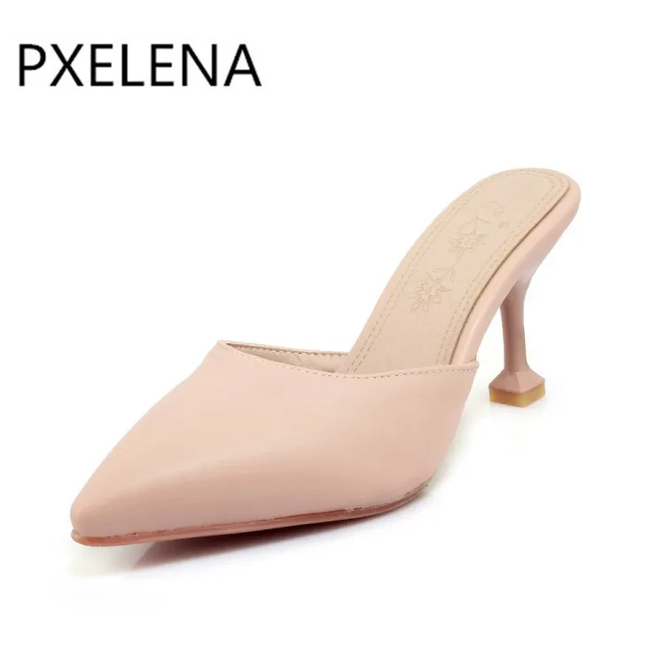 Модные туфли PXELENA 2018 на необычном высоком каблуке женские без задника с острым