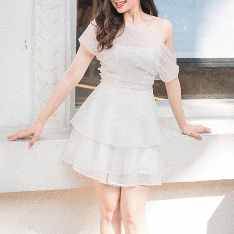 INDRRESSME 2019 Women Outfit Party Dress Off the Shoulder Mesh Ruffle Mini White Clothing With Pearl Detailing | Женская одежда