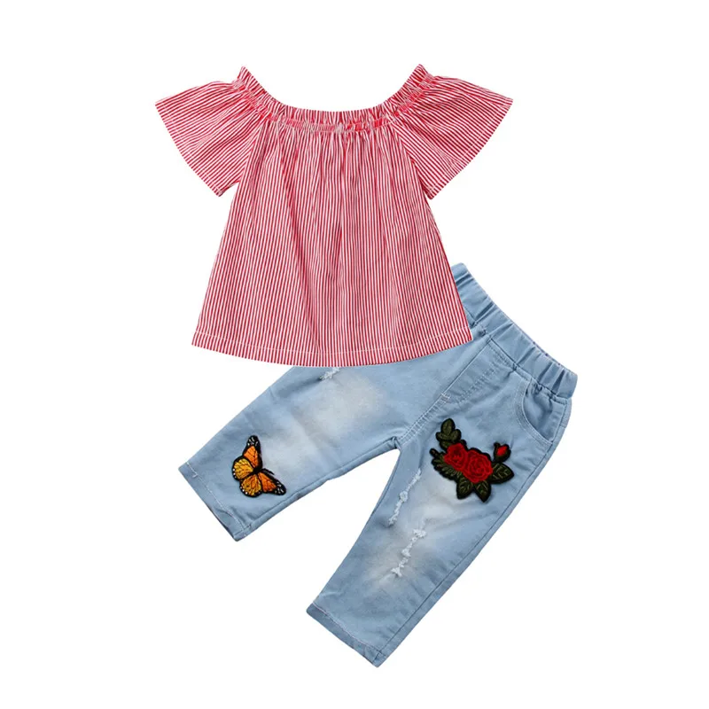 Милый комплект одежды для маленьких девочек топы в красную полоску с короткими
