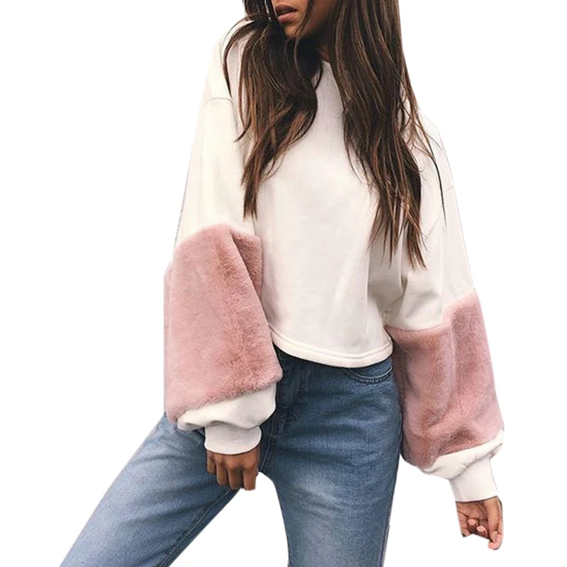 2017 Осень длинный рукав белый пуловер розовый искусственный мех Женский свитшот