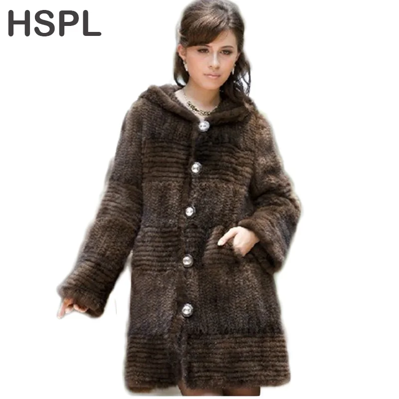 

HSPL Mink Fur Coat For Women 2016 Fashion Natural Long Knitted Genuine Mink Fur Jackets For Winter sobretudo feminino longo