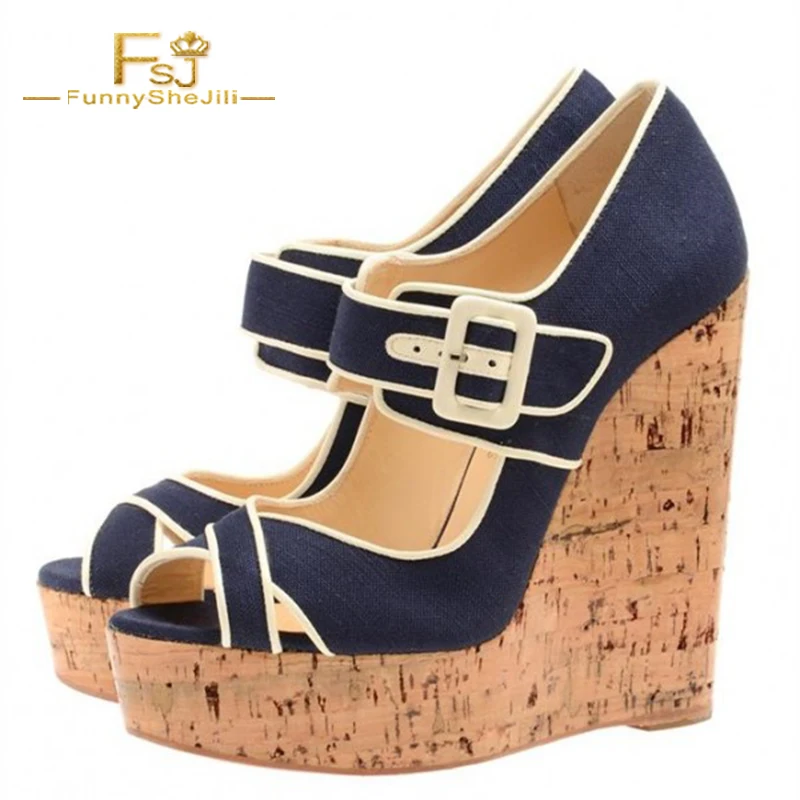Женские джинсовые босоножки на танкетке FSJ темно-синие туфли-лодочки пробковой