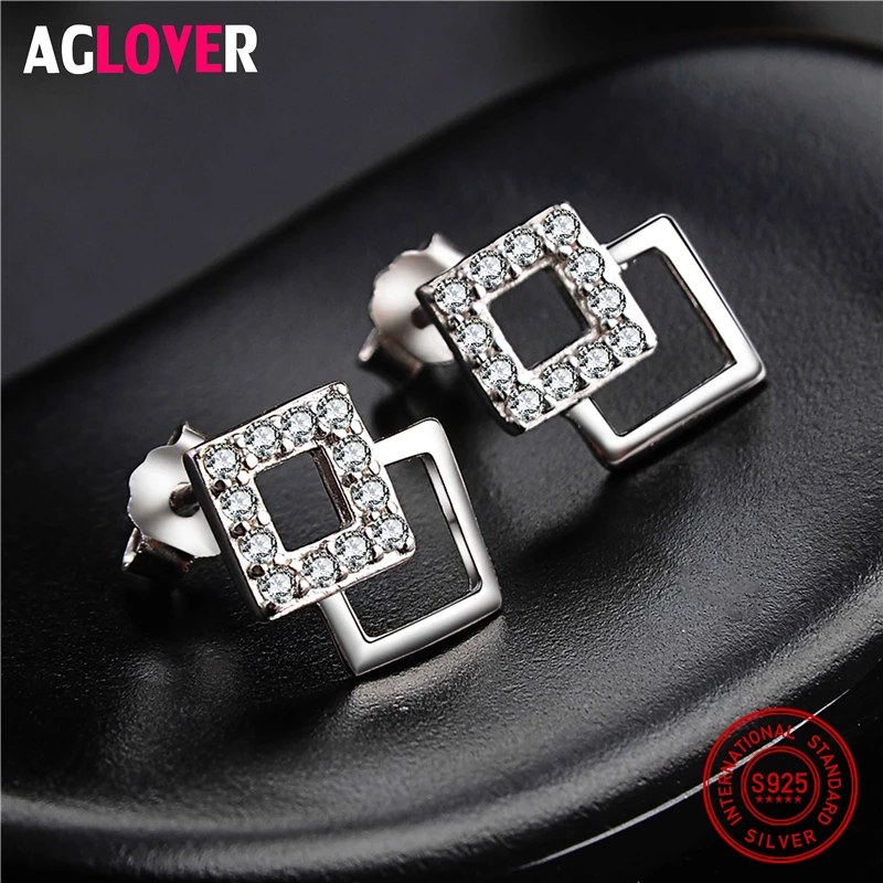 

100% 925 Sterling Silver Earrings Fashion Zircon Square Ladies Stud Earrings Woman Christmas Charm Jewelry
