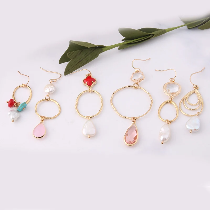NeeFuWoFu Orecchini NEW Geometric Genuine Pearl Drop Earrings for Women Handmade Gold Hollow Freshwater Pearl Pendant Dangle Ear