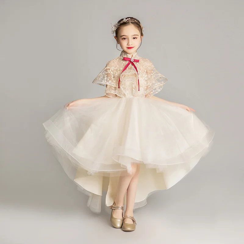 

Royal Princess Party Dress Embroidery Holy Communion Dress Cape Sleeve Stand Collar Flower Girl Dresses for Wedding Evening B501