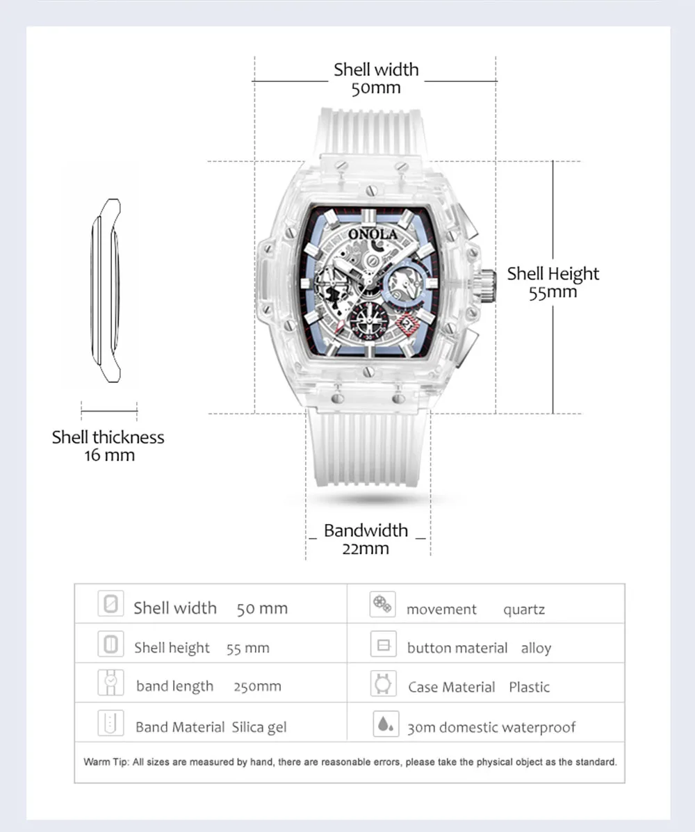 new mens quartz waterproof Multifunction man watches square white fashion clocks luxury men wristwatches Transparent