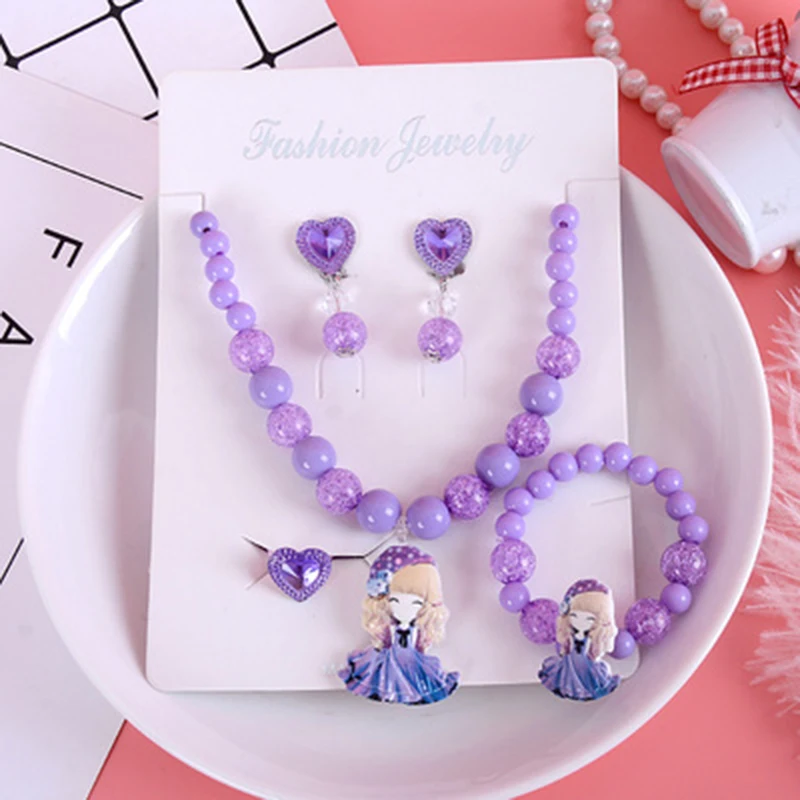 Purple Girl Милое детское ожерелье из мультфильма браслет принцесса девочка Ухо без отверстия Дисней Холодное сердце принцесса кольцо принца набор используется для домашних игрушек - Цвет: Purple Girl
